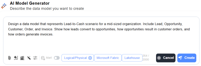 AI Model Generator with a data model prompt entered.