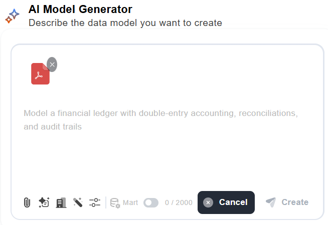 PDF document attached in AI Model Generator prompt area.