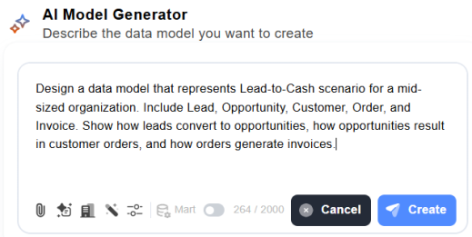 AI Model Generator with a sample prompt to create Customer and Order entities.