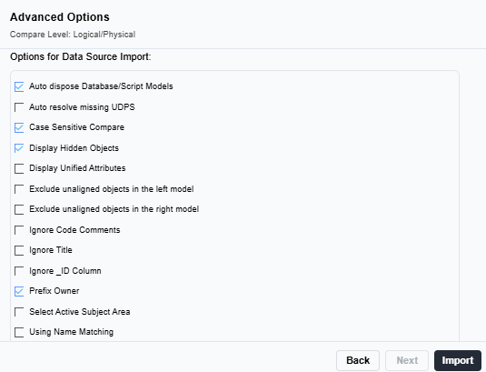 Advanced Options page of the Data Source Import wizard with the default matching options