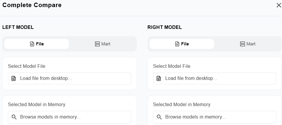 Model selection screen for Complete Compare.