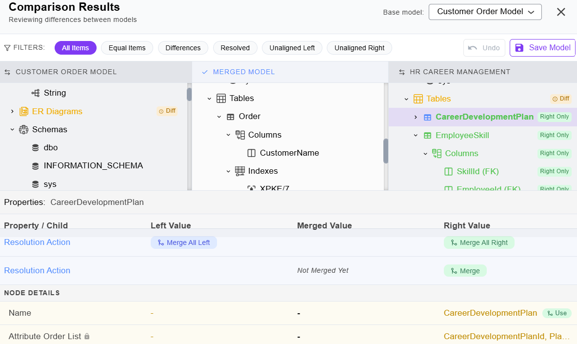Comparison Results page showing the CareerDevelopmentPlan table selected with merge actions and property details.