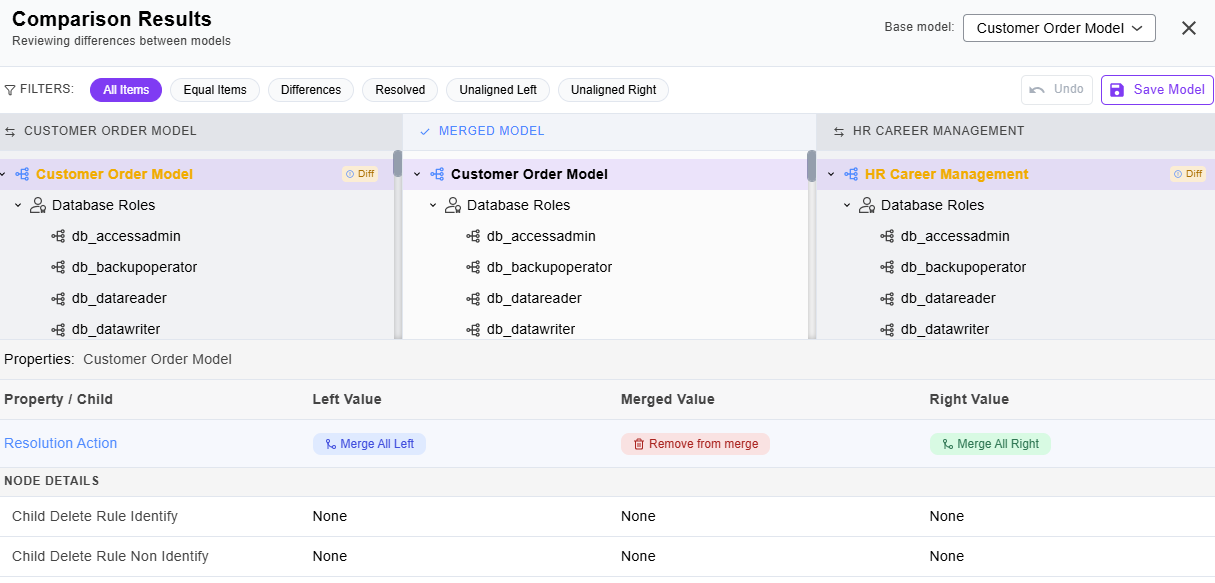 Comparison Results screen displays left, right, and merged model panel