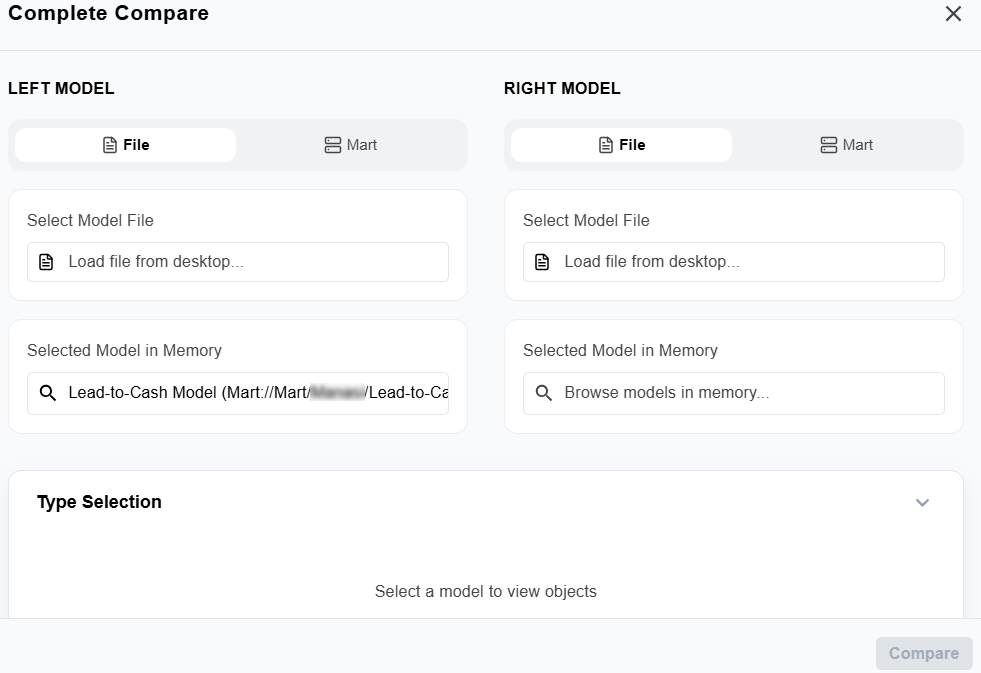 Complete Compare screen showing Left Model, Right Model, and Type Selection sections