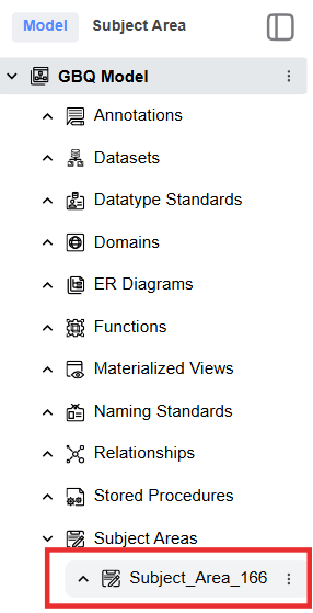 Model Explorer panel showing a list of objects with Datatype Standards selected, along with options such as Domains, Naming Standards, Relationships, Schemas, Stored Procedures, and Subject Areas.