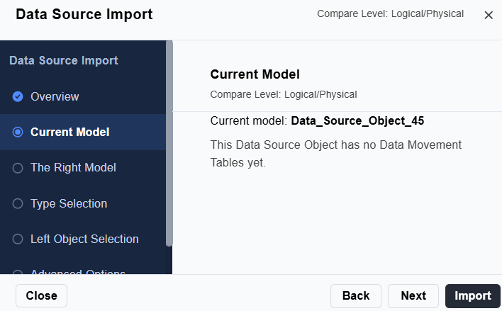Current Model page of the Data Source Import wizard showing the target data source Data_Source_Object_45.
