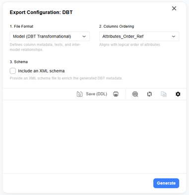 DBT export configuration screen