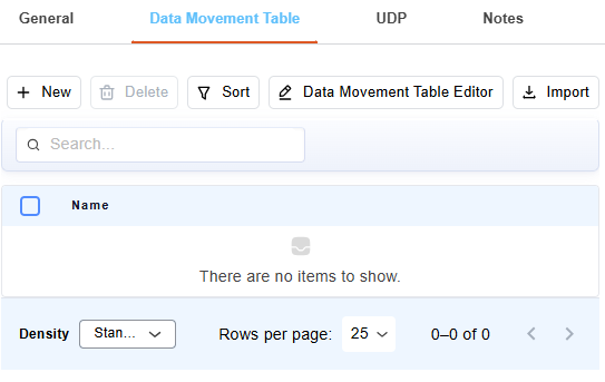 Data Movement Table tab of the Data Source Object editor with the Import option.