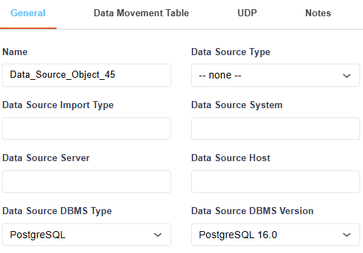 General tab of the Data Source Object editor showing the source name, system, server, and host fields
