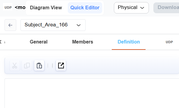 Subject Area Quick Editor showing the Definition tab for Subject_Area_166 with formatting toolbar options for entering and editing description content.