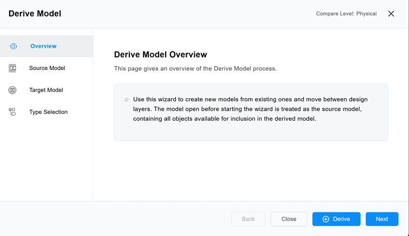 Derive Model wizard displaying Overview