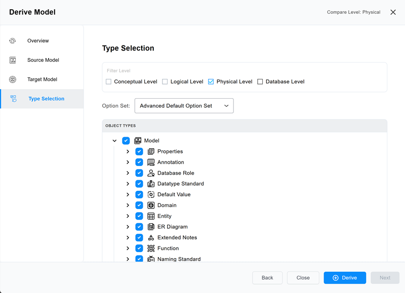Derive Model Wizard displaying the Type Selection pane
