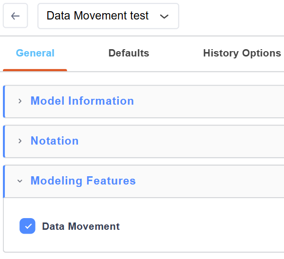 Model settings dialog with the General tab selected and the Data Movement modeling feature enabled.