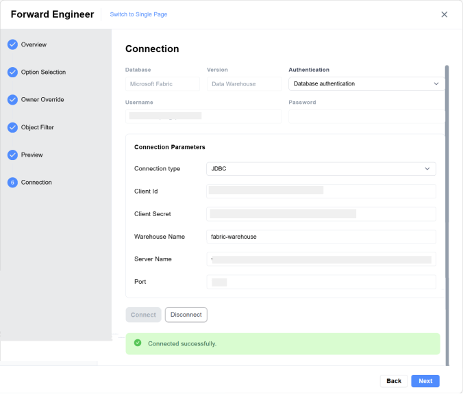 Database connection established using connection parameters in FE