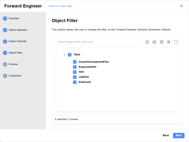 Forward Engineering Object Filters selection page
