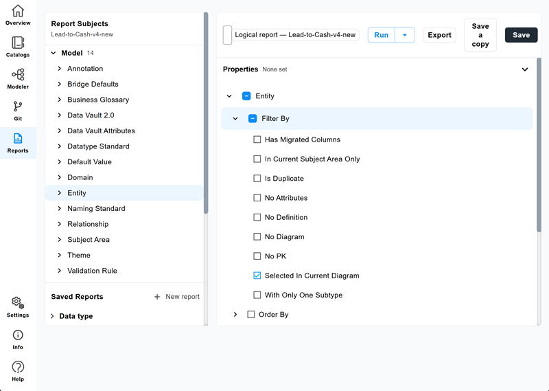 Entity filters with Selected in Current Diagram checked