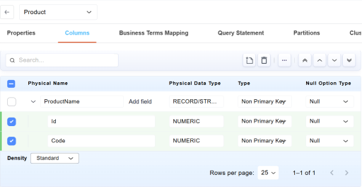 Google BigQuery Columns tab showing a Struct column with the Add field option and nested subfields.