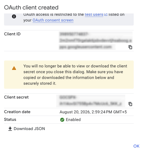 OAuth client created dialog with Download JSON option.