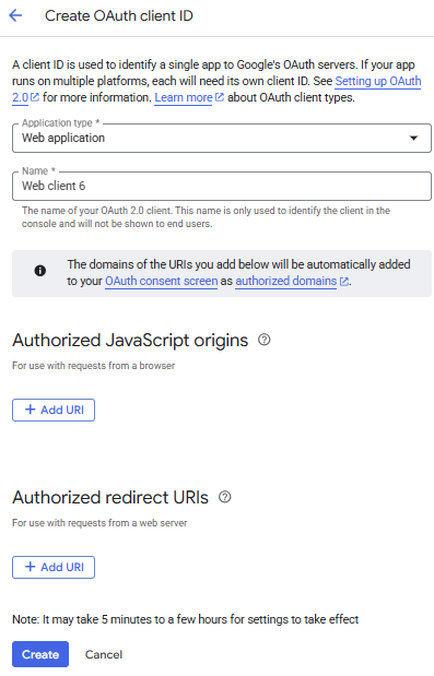 Create OAuth client ID page with client details.