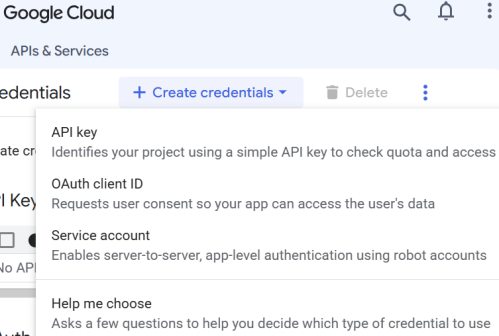 Create credentials menu with OAuth client ID option.