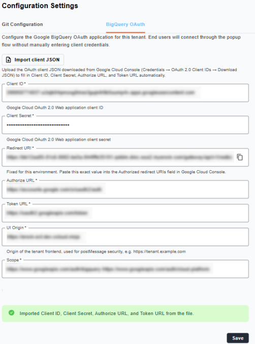 QDM BigQuery OAuth configuration page.