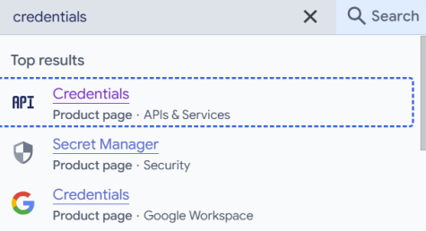 Searching for Credentials in the Google Cloud console.