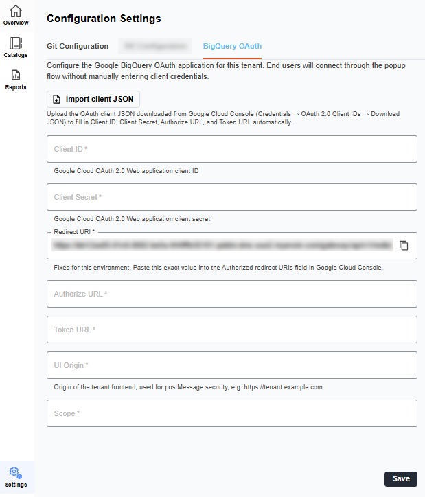 Empty BigQuery OAuth configuration page in QDM.