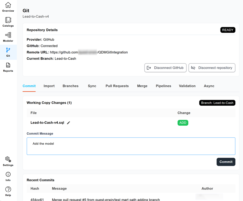 Commit tab showing working copy changes, commit message field, and recent commits