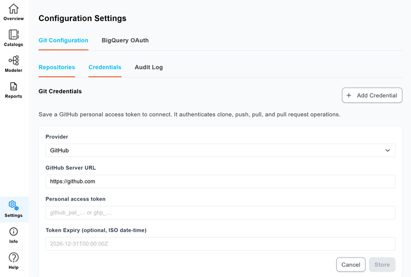 Add Credential form showing the Provider, Token Type, Server URL, Token, and Token Expiry fields