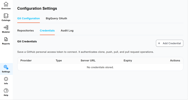 Credentials sub-tab showing the Connect GitHub and Add Credential options