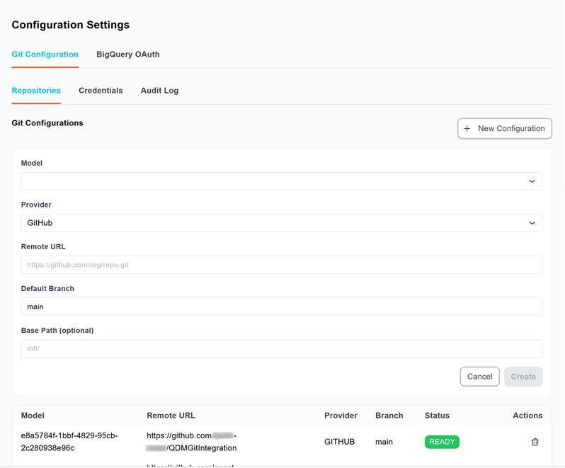 New Configuration form showing the Model, Provider, Remote URL, Default Branch, and Base Path fields