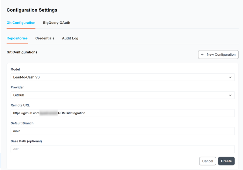 New Configuration form with a model selected