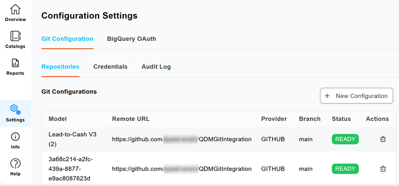 Git Configuration page displaying existing configurations and their status