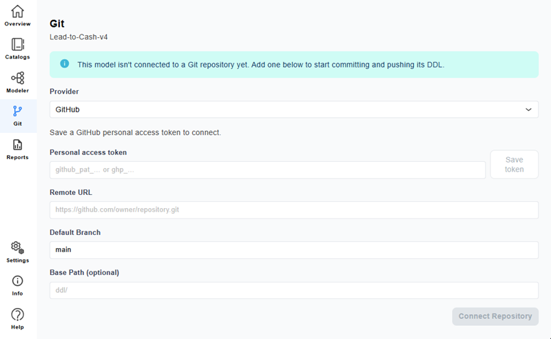 Git page with the Connect GitHub option and connection fields