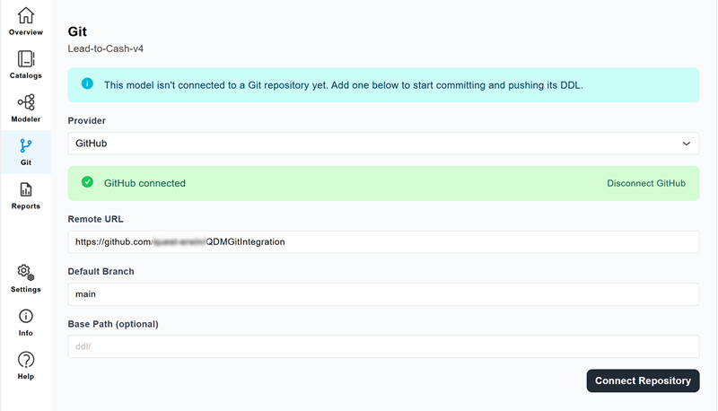 Remote URL entered and the Connect Repository button active