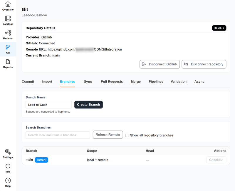 Branches tab with a branch name entered and the Create Branch button active