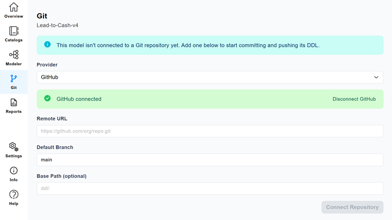 Git page showing the green GitHub connected confirmation