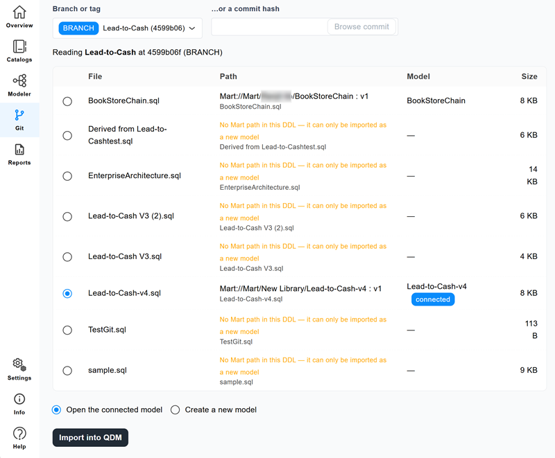 Import tab showing the branch selection, file list, and import options