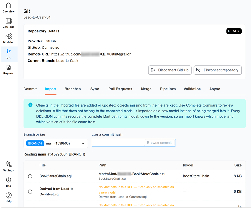 Import tab showing the branch selector and file list