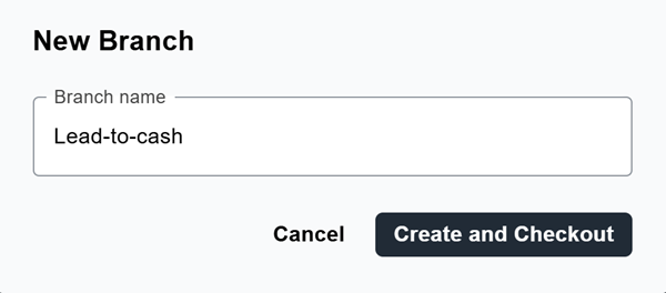 New Branch dialog with a branch name entered and the Create and Checkout button