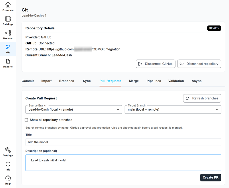 Pull Requests tab showing the Create Pull Request form