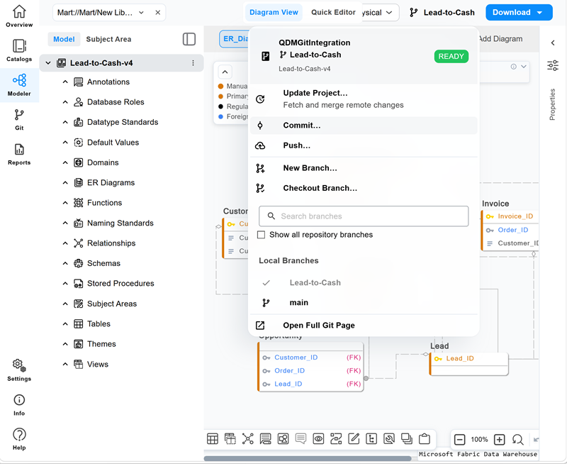Git quick actions menu showing the New Branch option for a connected model