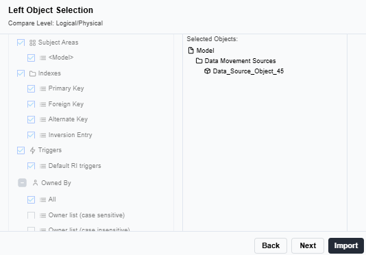 Left Object Selection page showing the data source Data_Source_Object_45 in the Selected Objects list