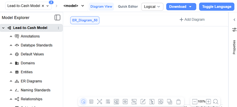 Model Explorer open with no entities placed on the diagram.