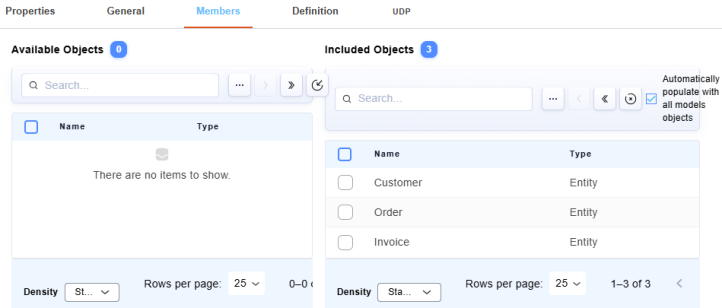 Subject Area Quick Editor showing the Members tab with Included Objects list containing Customer, Order, and Invoice entities, and an option to automatically populate models with all objects.