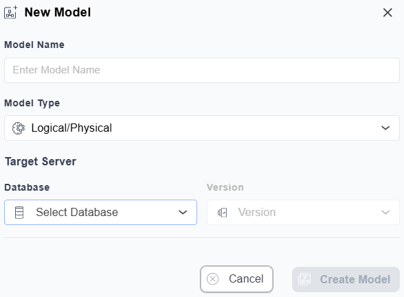 New Model dialog with options to create a Logical/Physical model.
