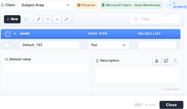 Property creation screen showing a new property row with Data Type dropdown expanded to display Int, Text, Date, Real, and List options.