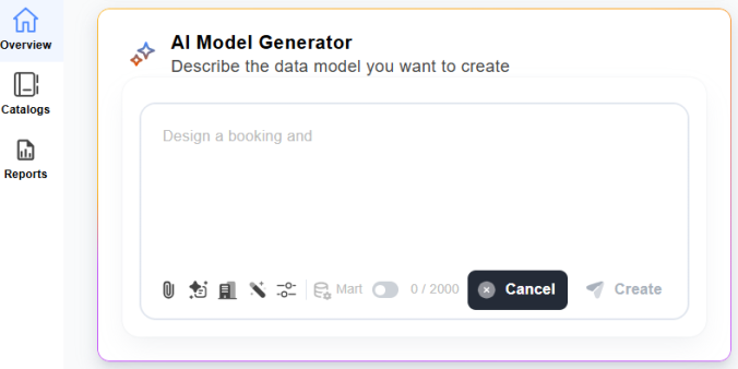 Quest Data Modeler Overview page showing Quick Actions and the AI Model Generator.