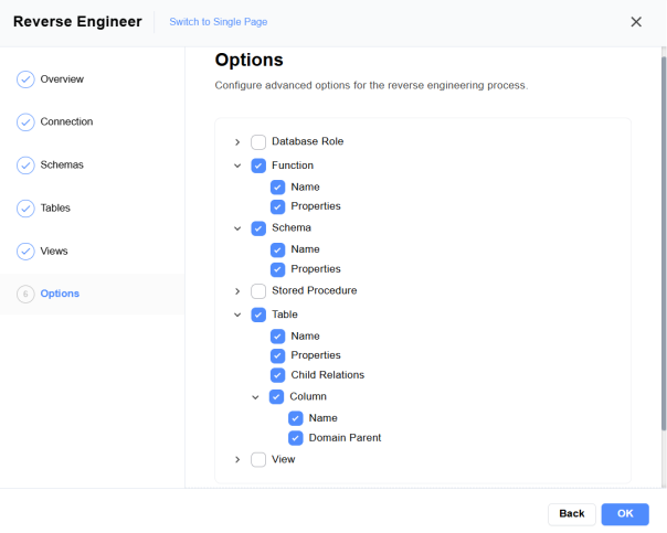 Advanced options in Quest Data Modeler Reverse Engineer Wizard