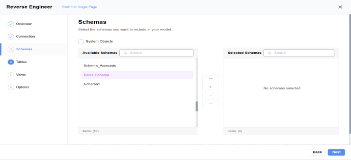 Available Schema list in Quest Data Modeler Reverse Engineer Wizard